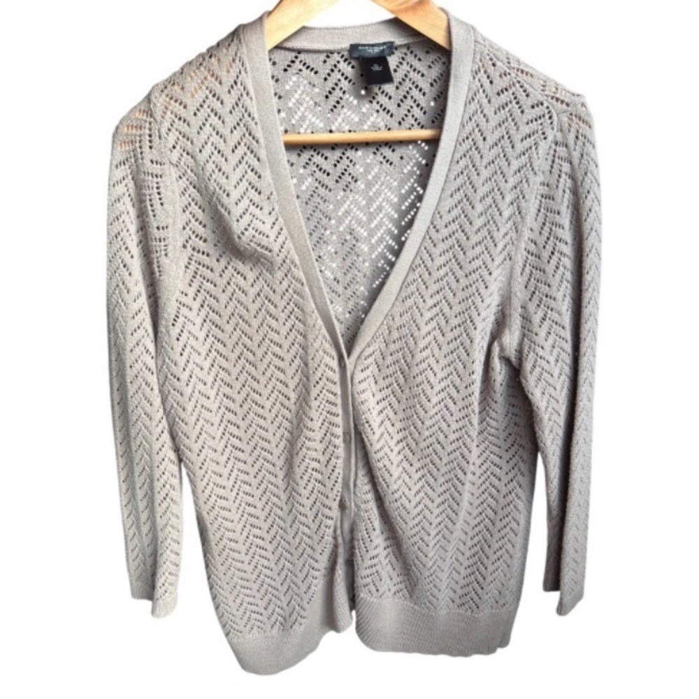 Ann Taylor Cardigan Womens XL Pointelle Chevron Tan 3/4 Sleeve Button Front EUC